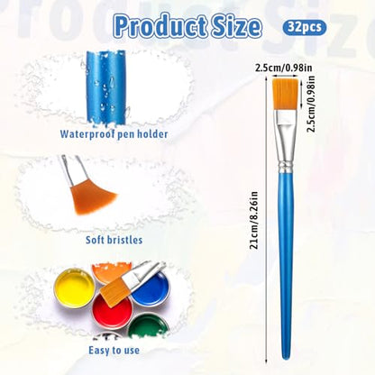 32 Pcs 1 Inch Flat Paint Brushes for Acrylic Painting Watercolor Large Acrylic Paint Brush Artist Painting Brush with Wooden Handles for Acrylic, Watercolor, Oil, Crafts, Face Body Art