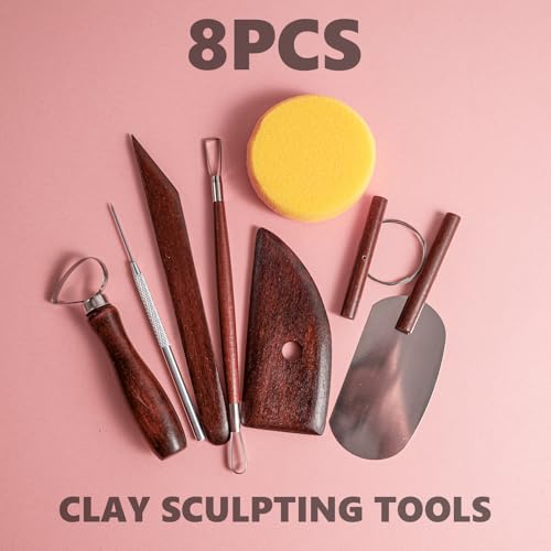 8PCS Stained Wooden Pottery Sculpting Tools, Wood Clay Cleaning Tool Set, Ceramic Modeling Tool for Carving, Molding, Cutting, Trimming, Pottery Wheel, Crafting, Beginners, Adults, Students - color: Stained Wood-8PCS