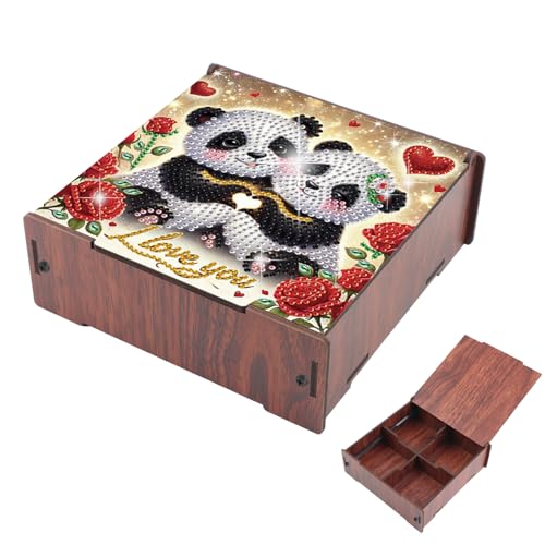 DIY Diamond Art Storage Box with Flip-Top Lid, Happy Panda Design Wooden Diamond Painting Organizer with 4 Divided Compartments, Portable Desktop Craft Storage Basket for Accessories and Supplies - color: Panda
