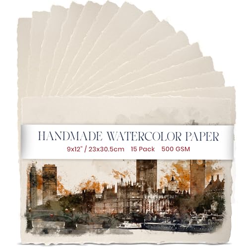 Wanderings Thick Handmade Watercolor Paper with Deckled Edge - 9" x 12" - 500GSM Premium Ivory Cold-Pressed Textured Mixed Media Paper Made with Recycled Cotton - 15 Loose Leaf Sheets - color: Ivory, size: 9x12"