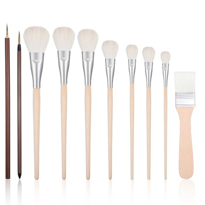 10pcs Mop Brush for Acrylic Painting, Pottery Glazing Brushes, Goat Hair Mop & Blending Brushes for Pottery, Acrylic, Watercolor, Oil - Soft Bristle Artist Tools for Glazing, Detailing, and Finishing