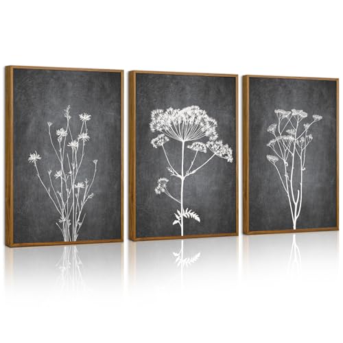 Tinonedraw Black and White Floral Framed Canvas Wall Art Set, Vintage Flower Wall Decor, Dark Academia Minimalist Botanical Art Paintings, Wildflower Art Print for Living Room Bedroom Office 16"x24"x3 - color: Abstract Wildflower, size: 24L" x 16W"