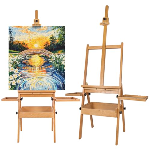 Large Wooden H-Frame Studio Easel with Storage Drawer and Palettes, Solid Beechwood Painting Easel for Students, Beginners, and Artists, Hold Canvas to 36Inches High - style: Side Trays Natural