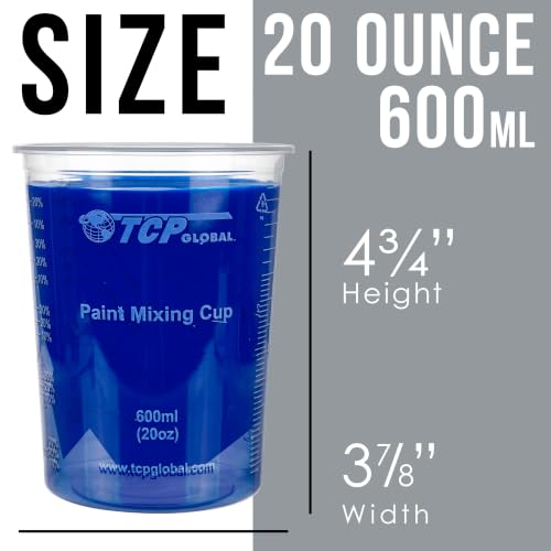 TCP Global 20 oz. (600ml) Graduated Plastic Mixing Cups - Box of 50 with 50 Mixing Sticks - Disposable Plastic Measuring Cups for Liquids, Paints, Resin, Epoxy, Art, Kitchen - Ratios 2-1, 3-1, 4-1 ML