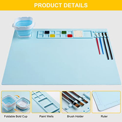 Silicone Art Mat with Cup, Painting Mat for Crafts Resin Casting, Artist Mat with Pen Holders for Kids Gift, Clay, DIY Creations and Play Doh, Christmas Gift for Kids (Blue) - color: Blue