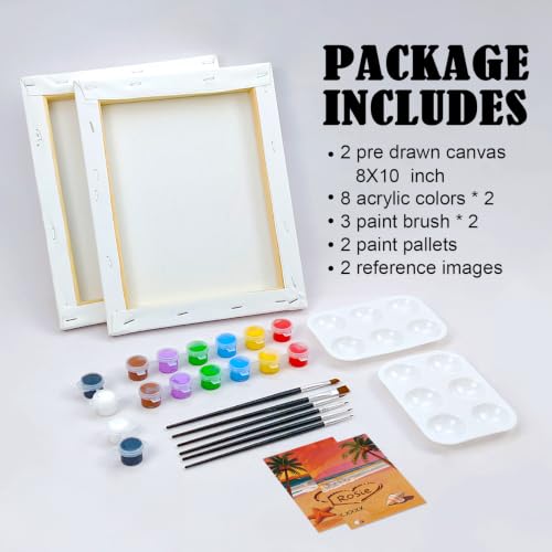 VOCHIC Sip and Paint Kit,Pre Drawn Canvas Couples Paint Party Kit Painting Art Set for Adults Date Night Sunset Beach 2 Pack (8 x 10 Inches, Beach and Heart) - size: 8x10, style: Beach and Heart