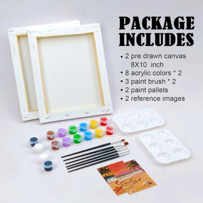 VOCHIC Sip and Paint Kit,Pre Drawn Canvas Couples Paint Party Kit Painting Art Set for Adults Date Night Sunset Beach 2 Pack (8 x 10 Inches, Beach and Heart) - size: 8x10, style: Beach and Heart