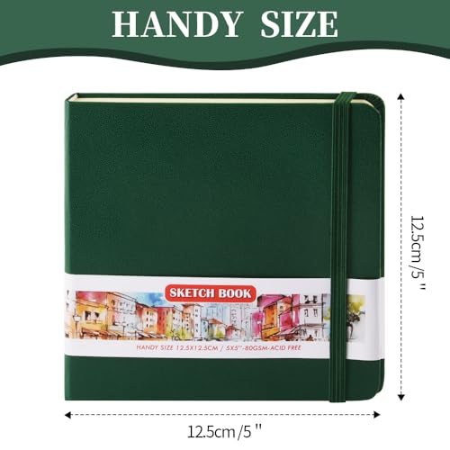 Square 5x5 inches 80gsm 96sheets/192 Pages Notebooks Blank Sketchbooks Travel Journal Pocket Hardcover Paint Writing Diary Memo Planner PU Leather Cover. Dark Green - color: PU Cover-5x5in-Dark Green
