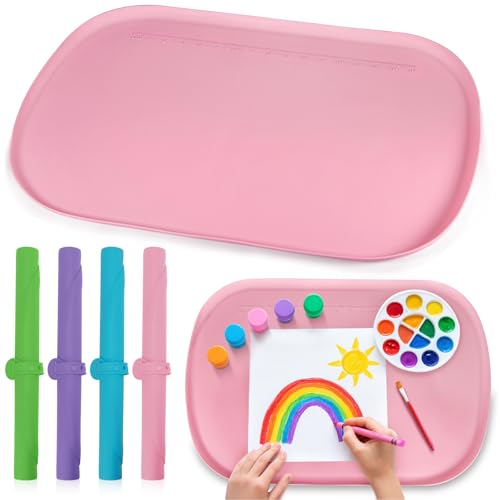 Silicone Art Mats for Kids 24” x 16”, Silicone Craft Mats with Raised Edges, Paint Mats for DIY, Paint, Crafts, Clay, Jewelry-Making (Pink) - color: Pink