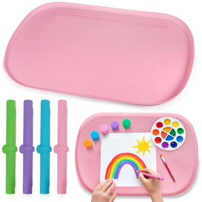 Silicone Art Mats for Kids 24” x 16”, Silicone Craft Mats with Raised Edges, Paint Mats for DIY, Paint, Crafts, Clay, Jewelry-Making (Pink) - color: Pink