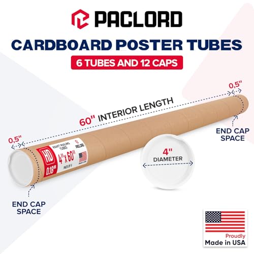 4" x 60" Heavy-Duty Reinforced Cardboard Mailing Tube, Pack of 6 Tubes with 12 Caps – Secure USPS Approved – Great for Shipping and Storing of Prints, Artwork, Posters or Documents - size: 4" x 60", style: 2X Heavy-Duty