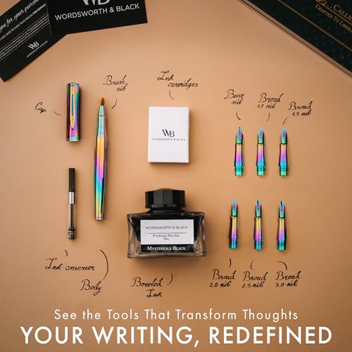 Wordsworth & Black Calligraphy Pen Gift Set, Includes Ink Bottle, 6 Ink Cartridges, A Refill Converter, 6 Replacement Nibs, Journaling, Smooth Writing Pens [Rainbow] - color: Rainbow