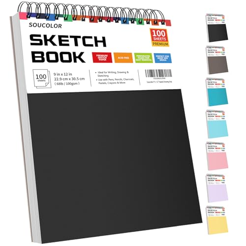 Soucolor Sketch Book 9x12,100 Sheets, Kids Art Sketchbook for Drawing Pad | 68lb Acid-Free,Fine-Texture Matte,No Bleed-Through,Top Spiral Lay-Flat, Micro-Perforated — Dry Media, Sketch Book for Adults - color: Black, size: 9" x 12" (Pack of 1)