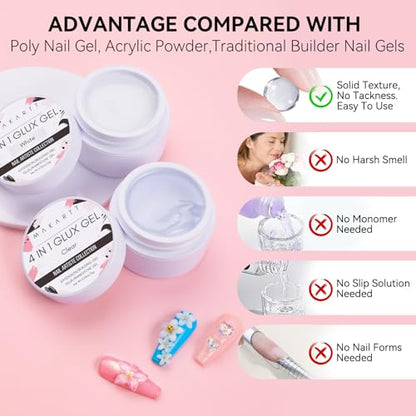 Makartt 3D Gel Nail Art: 4-in-1 Clear & White Solid Gel Builder Non-sticky for Extension 3D Sculpting Nail, UV Glue for Acrylic Nails, Rhinestones & Sculpture Hard Gels for Nails UV/LED Lamp Required - color: Clear & White