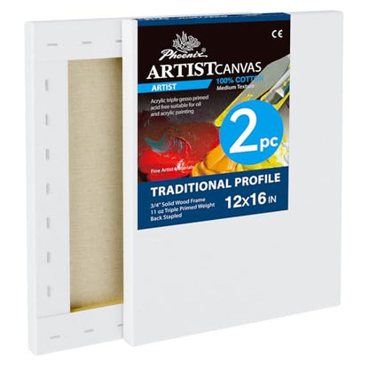 PHOENIX 12x16 Inch Pack of 2 Artist Canvas - Stretched Canvases for Painting - 3/4 Inch Profile, 100% Cotton 11 Oz. Gesso Primed White Blank Professional Canvas Oil & Acrylic Paints - size: 12"x16", style: Traditional