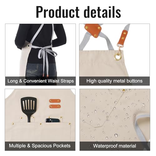 Aoomzoon Durable Kitchen Apron,Multifunctional Chef Aprons for Women & Men with Pockets for Cooking Baking & Daily Use - color: Beige