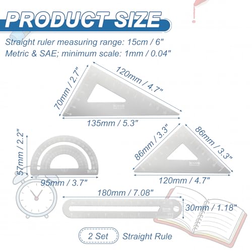 HARFINGTON 8pcs Triangular Ruler Set 15cm/6" Aluminum Alloy Straight Geometric Protractor Triangle Engineering Scale Drafting Ruler Kit Measuring Drawing Tool for Classroom Home, Silver White - color: Silver White