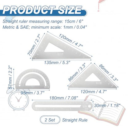 HARFINGTON 8pcs Triangular Ruler Set 15cm/6" Aluminum Alloy Straight Geometric Protractor Triangle Engineering Scale Drafting Ruler Kit Measuring Drawing Tool for Classroom Home, Silver White - color: Silver White