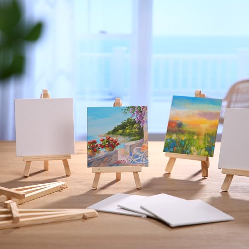 MotiMind 80 Pcs Mini Canvas and Easel Set for Painting Canvas Panels with Wooden Easels for Oil Acrylic Painting Mother's Day Birthday Party Favors(4 x 4 Inch) - size: 4 x 4 Inch