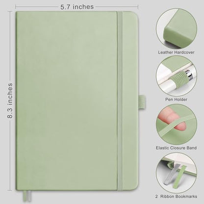 AHGXG Dotted Journal Notebook, 160 Numbered Pages, A5 Medium Size (5.7'' x 8.3''), 120 GSM Thick Paper, Leather Hardcover, for Journaling, Planning, Tracking (Light Green) - color: Light Green, style: Dotted
