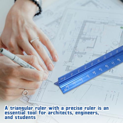 Biaungdo 3 Pack Architectural and Engineer Scale Ruler Set, 12 Inch Aluminum Triangular Drafting Tool, Laser-Etched Architect Scales Ruler for Draftsman, Standard Metal Ruler Included, Blue