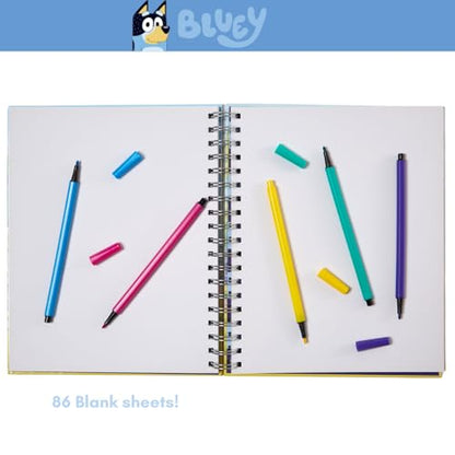 Innovative Designs Bluey Sketchbook for Kids with Washable Markers, 86 Blank Pages Spiral Bound, Blue - color: Bluey