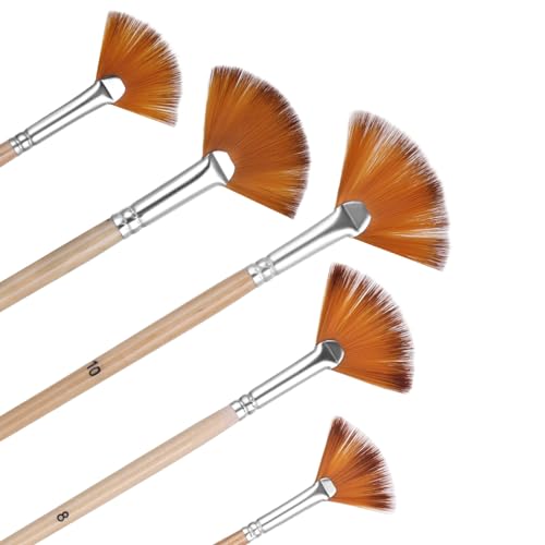 Prasacco 5 Pieces Fan Brush for Painting, Oil Acrylic Paint Brushes Artist Fan Brushes Nylon Hair Long Wood Handle Painting Brush for Acrylic Watercolor Oil Gouche Painting (2/4/6/8/10#) - color: Light Brown