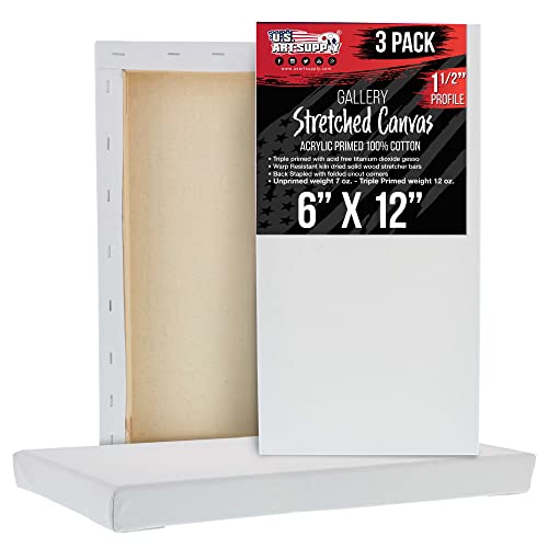 U.S. Art Supply Long Stretched Canvas for Painting 6x12 inch Gallery Depth 1-1/2" Thick, 3-Pack - 12oz Acrylic Gesso Triple Primed, Professional Artist Quality, 100% Cotton - Pouring, Oil Paint - size: 6" x 12"