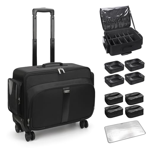 Bagmoly Rolling Makeup Case with 8 Removable Makeup Bags, Makeup Train Case on Wheels Cosmetology Case, Professional Makeup Artist Set Bags Trolley Suitcase Makeup Cart with Adjustable Dividers - color: 03-Black with 8 clear makeup bags