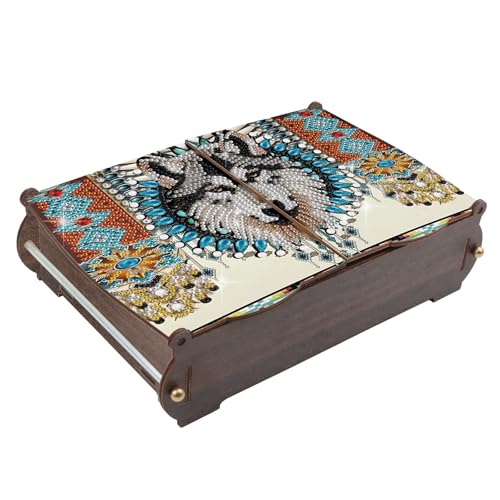 Diamond Painting Wooden Storage Box, DIY Special Shaped Diamond Art Decorative Organizer with Wolf Head Pattern, Handmade Art Desktop Decorations Birthday Gifts for Home Office Adult - color: Grey wolf