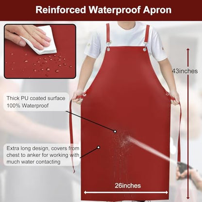 SHEOMERN Waterproof Rubber Aprons for Women, Heavy Duty Vinyl Dishwasher Apron Adjustable Cross Back Strap for Dishwasher, Butcher, Dog Grooming, Chemical Resistant, 43" Long Thicker Apron Red - color: Red