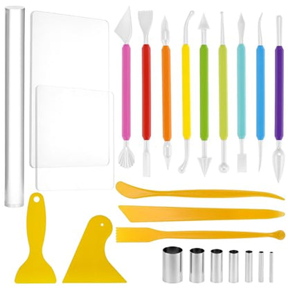 QWORK 24-Piece Clay Sculpting Tool Kit with Acrylic Roller, Sheets, Plastic Scraper, Stainless Steel Cutters, Polymer Clay Cutter Tools
