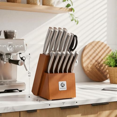 imarku 14-Piece Knife Set, Japanese Stainless Steel Knives Set for Kitchen, Full-Tang Gyutou Knife Sets with Block and Build-in Sharpener, Brown, Dishwasher Safe, House Warming Gifts for Men - color: Light Brown