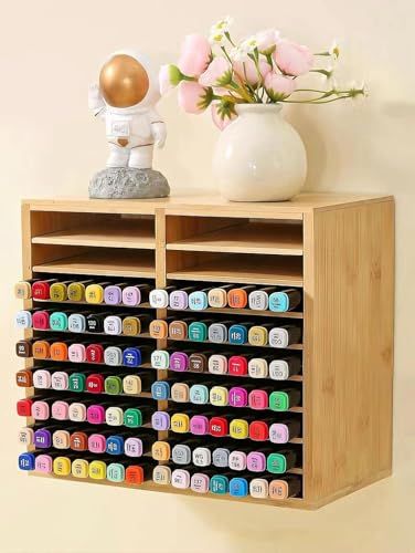 Bamboo Marker Holder Organizer, 126 Pens Capacity, 18 Compartments, Art Supply Storage for Alcohol Markers, Pens, Pencils
