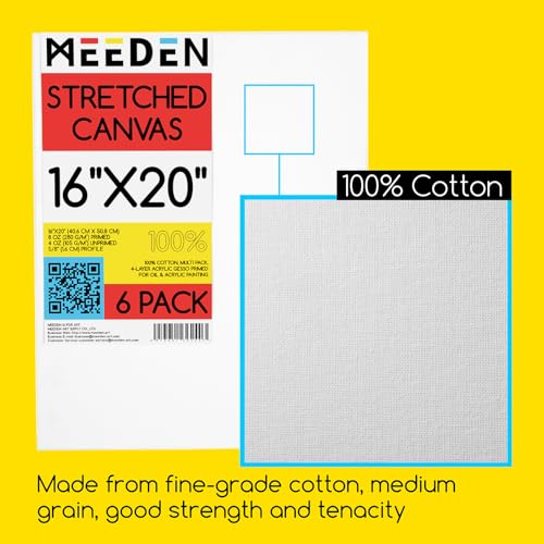 MEEDEN Stretched Canvas, 16 × 20 Inch, Pack of 6, Blank White Canvases for Painting, 100% Cotton, 8 oz Gesso-Primed, Pre-Stretched Canvas for Acrylic Oil Pouring & Airbrushing Painting