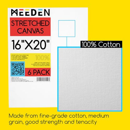 MEEDEN Stretched Canvas, 16 × 20 Inch, Pack of 6, Blank White Canvases for Painting, 100% Cotton, 8 oz Gesso-Primed, Pre-Stretched Canvas for Acrylic Oil Pouring & Airbrushing Painting