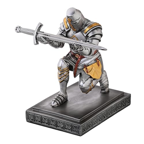 Templar Vanguard Soldier Pen Holder Desk Organizers Crafts as Gifts Silver | Very Solid and Sturdy Pencil Stand Paperweight Desktop Decoration with a Fancy Sword for Medieval Warrior Enthusiast - color: Silver