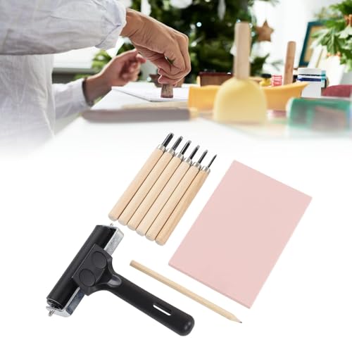 Rubber Stamp Making Kit, Includes 6 Carving Knives, Carving Block, Tracing Papers, A5 Tray, Pencil, Stamp Maker Pads, A4 Tracing Paper, Brayee Roller, Storage Box, Wood Carving