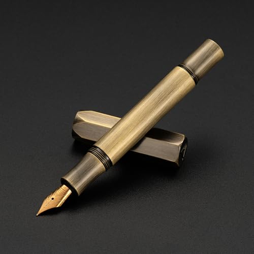 Luxury Solid Brass Fountain Pen Set for Writing & Calligraphy - Choose Antique or Matte Black Finish. Includes 10 Ink Cartridges & Premium Gift Box (Extra Fine Nib, Antique Brass) - color: Antique Brass, style: Extra Fine Nib