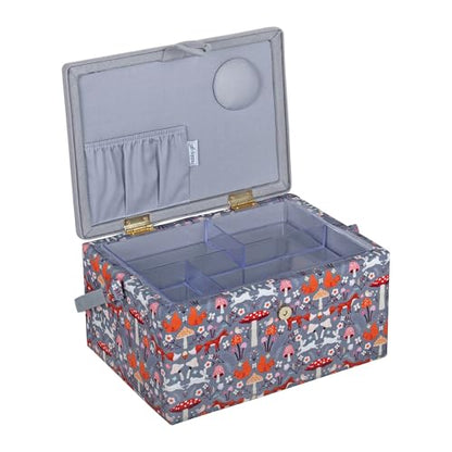 Hobby Gift Medium Sewing Box Organiser, Fabric Covered Storage Box with Handle, Internal Tray, Pin Cushion and Pocket for Sewing, Quilting and Knitting Supplies - color: Toadstool