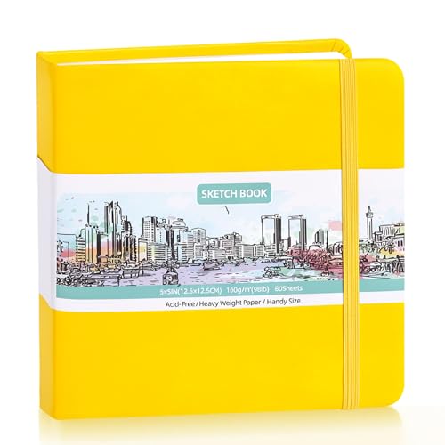 Prudiut Hardcover Pocket Sketchbook, 5" x 5" Square Mini Sketchbook, 98lb/160gsm Heavyweight Tiny Sketch Book, 80 Sheets Small Travel Drawing Journal for Adults, Artist, Ideal for Gift (Yellow) - color: Yellow