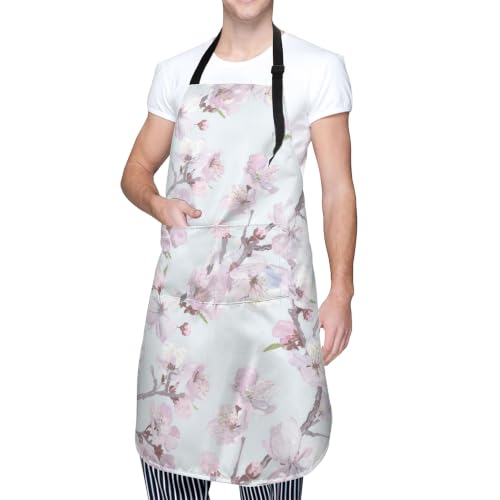 Cream Pastel Wildflower Art Waterproof Apron with Pockets | Garden Aprons for Men Women Adjustable Bib Apron for Cooking Kitchen Baking BBQ Painting Housework Oil Resistant - color: Delicate Branch Design