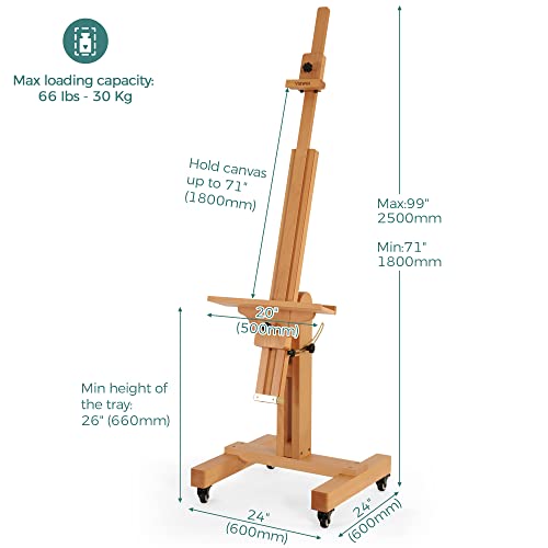 VISWIN Studio Heavy-Duty Easel, Holds Canvas Up to 71", Tilts Flat & Movable, Adjustable Solid Beech Wood Large Easel Stand for Painting, TV & Display, Floor Art Easel for Adults, Artists - Natural - color: Natural