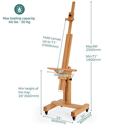 VISWIN Studio Heavy-Duty Easel, Holds Canvas Up to 71", Tilts Flat & Movable, Adjustable Solid Beech Wood Large Easel Stand for Painting, TV & Display, Floor Art Easel for Adults, Artists - Natural - color: Natural