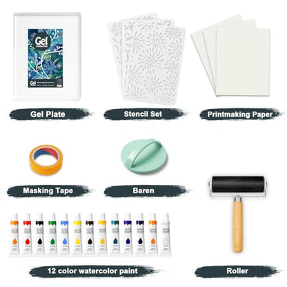 INNOVAYOU 5 * 7inch Gel Plate Printing Kit, Set with Gel Printing, Rubber Roller, Watercolor Paints, Stencils, Printing Paper, Masking Tape and Baren, for Card Making, Arts and Crafts