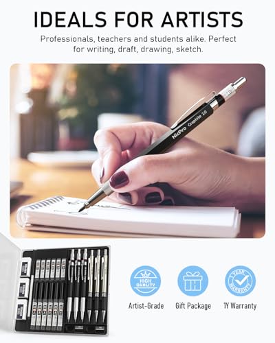 Nicpro 6PCS Art Mechanical Pencil Set, 3PCS Metal Drafting Pencil 0.5 mm & 0.7 mm & 0.9 mm & 3PCS 2mm Graphite Lead Holder (2B HB 2H) For Writing, Sketching Drawing With Lead Refills Case - color: Silver