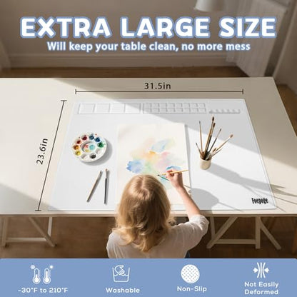 31.5" x 23.6" Extra Large Silicone Craft Mat for Table, Silicon Art Mat with 16 Paint Palette, 4 Color Mixing Grids & 5 Brush Holder, Multifunction Silicone Painting Matt for Crafts by Fogpoge, White