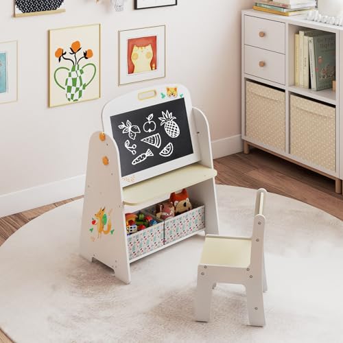 HONEY JOY Kids Art Easel, Wooden Double-Sided Toddler Table & Chair Set w/Adjustable Magnetic White Board & Chalkboard, Bookshelf & Storage Bin, Arts & Crafts (Natural + White) - color: Natural + White
