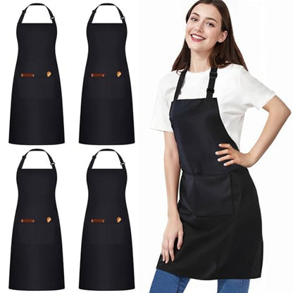 4 Packs Black Waterproof Apron, Adjustable Apron with 2 Pocket for Men Women, Professional Waiter Chef Work Apron