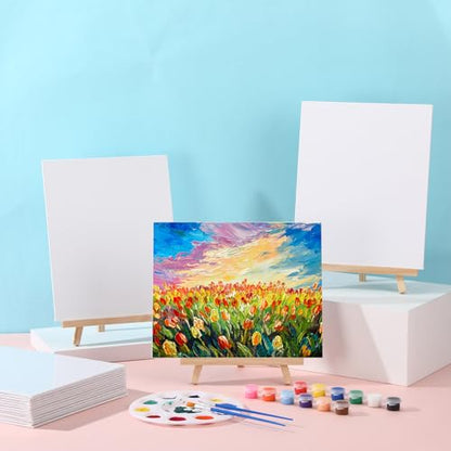 MotiMind 36 Pcs Mini Canvas and Easel Set for Painting, 8 x 10 Inch Canvas Panels with 9 Inch Wooden Easels for Oil Acrylic Painting Christmas Birthday Valentine's Mother's Day Art Crafts Party Favors - size: 8 x 10 Inch